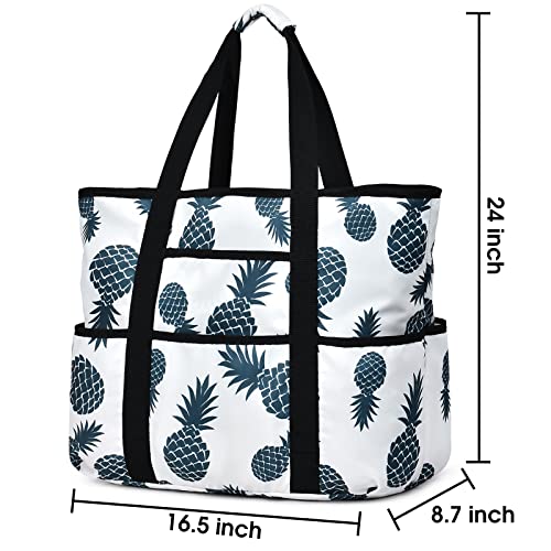 Becokan Beach Bags for Women Large Beach Tote Bag with Zipper Pockets Beach Bag Waterproof Sandproof Travel Nurse Tote Bag - color: Blue Pineapple