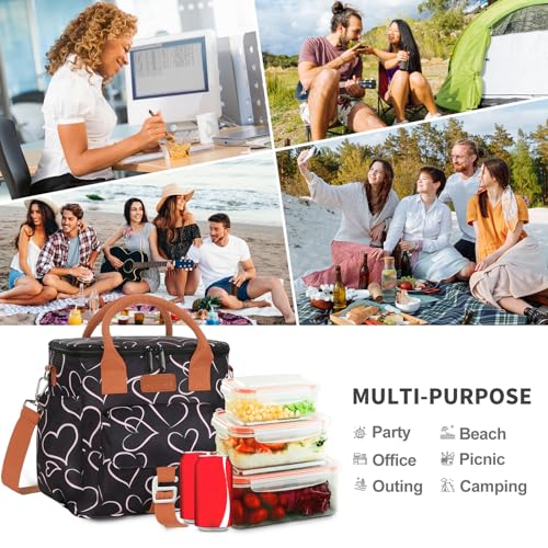 Joymee Large Insulated Lunch Bag Women Reusable Waterproof - Love Heart | Large Spacious, Cooler Lunch Bag, Adjustable Shoulder Strap, With Side Pocket, Bottle Holder, for Office Work Picnic Travel - color: Love Heart