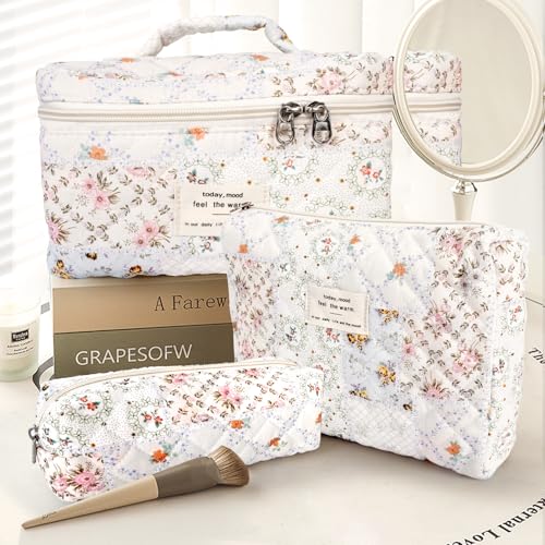 GISMTR 3Pcs Cotton Quilted Makeup Bag Large Travel Cosmetic Bag Coquette Makeup Pouch Cute Aesthetic Floral Toiletry Bag for Women Girls (flower-U) - color: flower-U