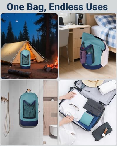 Laundry Bag with Shoulder Straps and Mesh Pocket Laundry Backpack Large Portable Laundry Hamper for College Laundromat Apartment - color: Lake Blue & Dark Blue