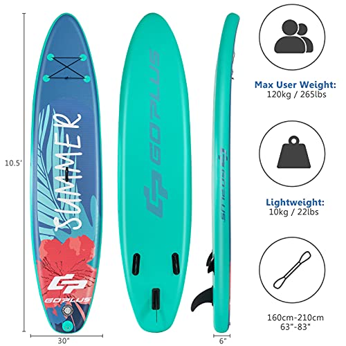 Goplus Inflatable Stand up Paddle Board, 10'/10.5'/11' SUP 6" Thick with Premium Accessories, Adjustable Aluminum Paddle, Leash, Carry Bag, Hand Pump, Removable Fin, ISUP for Adults - size: 10.5 FT, style: Green