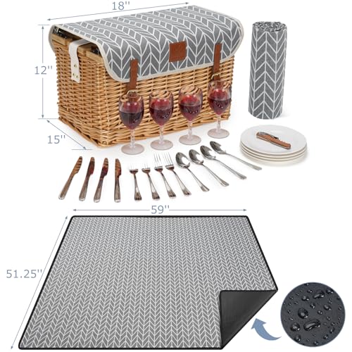 WILLOW WEAVE Luxury Picnic Basket, Wicker Picnic Basket Set for 4, Picnic Basket with Blanket & Portable Table for Camping and Outdoor Party - Gray - size: L for 4P-BlueLeaf