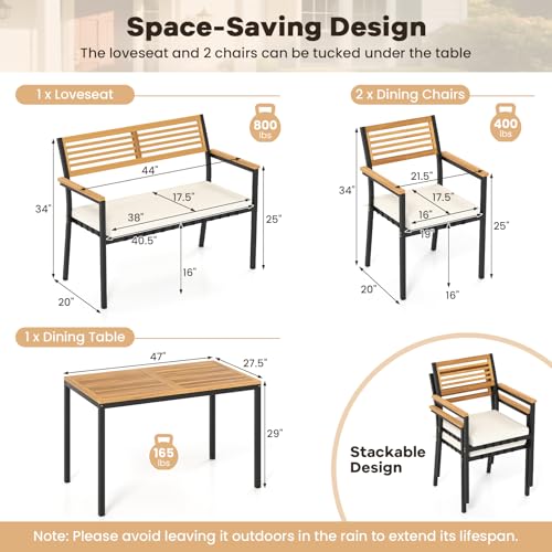 HAPPYGRILL 4-Piece Patio Dining Set, Outdoor Acacia Wood Metal Furniture with Rectangular Table, 2 Armchairs, 1 Loveseat, Removable Cushions, Umbrella Hole, for Poolside Backyard Garden
