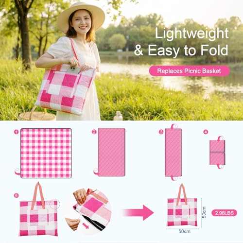 2 in 1 Tote Picnic Blanket Waterproof Outdoor Camping Mat,Large Capacity Beach Blanket 80''x80'' 7 Layers Easy to Foldable and Carry. - color: Pinkcheck