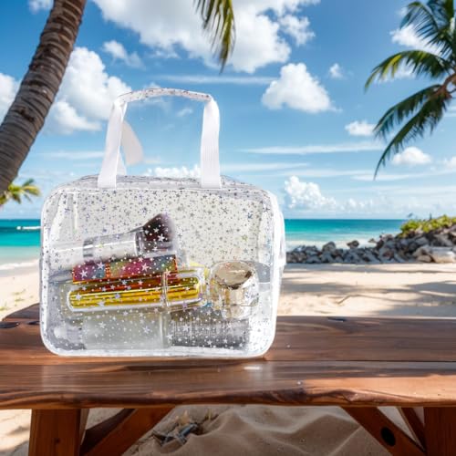 Holographic Star Transparent PVC Cosmetic Bag Clear Makeup Toiletry Carry Pouch Clear Travel Pouch Storage Bag for Vacation Bathroom and Organizing - color: Transparent