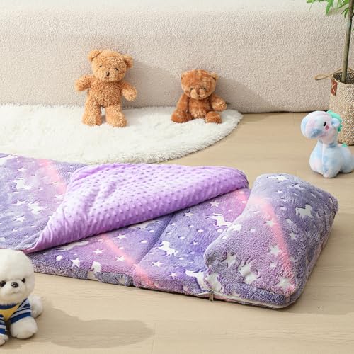 Preschool Nap Mat with Pillow and Blanket, 21" x 50" Glow Sleeping Bag Toddler Nap Mat for Daycare Kids, 2" Thick All in one Foldable Floor Mattress for Girl Boys - style: Unicorn