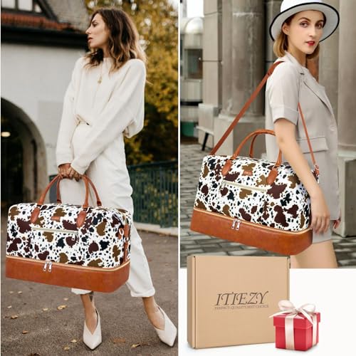ITIEZY Weekender Overnight Bag for Women - Large Travel Duffel Bag with Shoe Compartment, Gym Duffel Bag Hospital Bag Carry On Tote Bags for Airplanes with Crossbody Bag Toiletry Bag 3Pcs Set - color: 5-Brown Cow