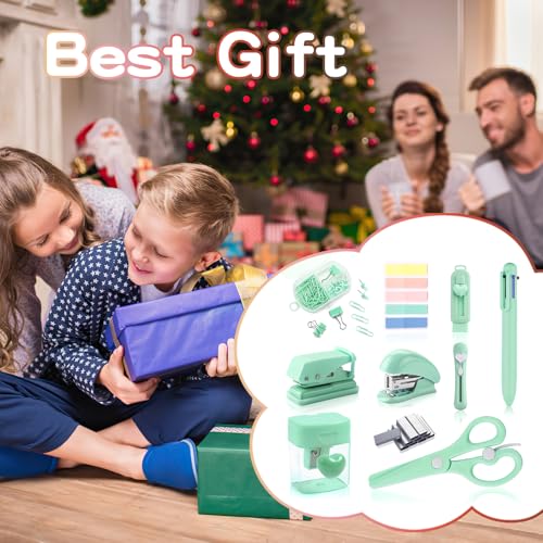 Green Mini Office Supply Kit Mini School Supplies Desk Accessory Set Includes Mini Stapler Pencil Sharpener Staple Remover Hole Punch Ballpoint Pen Scissor Box Cutter Paper Clips Sticky Index Tabs - color: Green