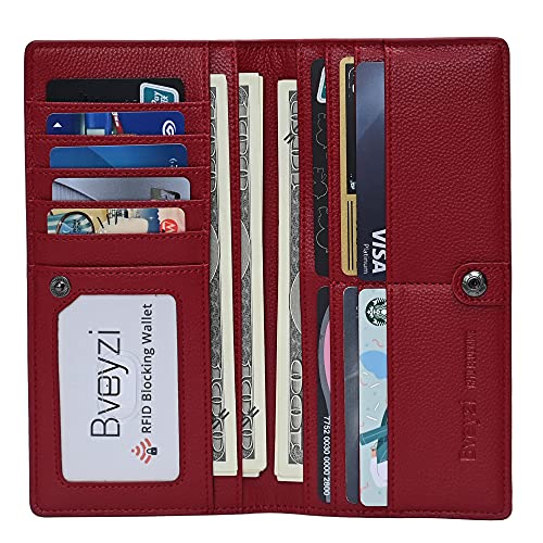 Bveyzi Ultra Slim Thin Leather RFID Blocking Credit Card Holder Bifold Clutch Wallets for Women - color: Wine Red