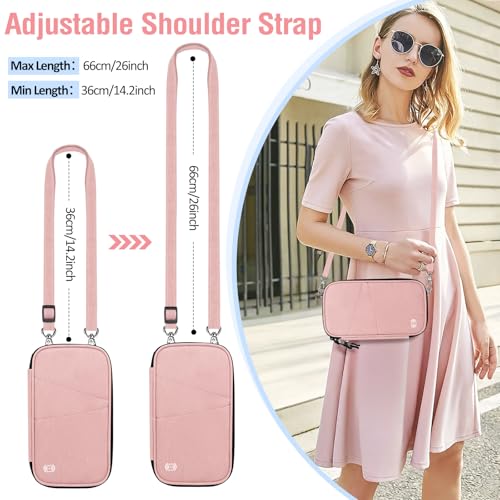 BKNOOU Family Passport Holder RFID Blocking Travel Document Organizer | Large Capacity (5 passports+13 cards), RFID Blocking, Air Travel Essentials, Detachable Wrist Strap and Shoulder Strap - color: 07 Pink