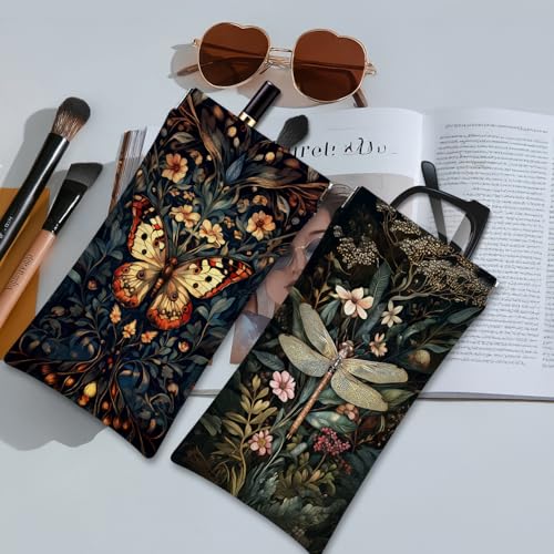 Eyeglasses Sunglasses Case PU Soft Squeeze Top Glasses Pouch for Women Men,Animal Pattern Portable Anti Scratch - color: Brown-dragonflie02