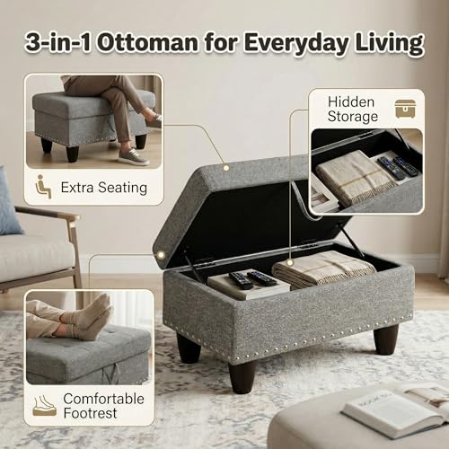 28.5 Inch Storage Ottoman Bench, Upholstered Ottoman with Hidden Storagefor Bedroom Living Room, End of Bed Foot Rest Stool, Dark Gray - color: Dark Gray
