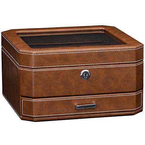 ROTHWELL 6 Slot Leather Watch Box with Valet Drawer - Luxury Case Display Organizer, Microsuede Liner, Locking Mens Jewelry Watches Holder, Men's Watch Storage Large Glass Top (Tan/Brown) - color: 6 Slot - Tan / Brown