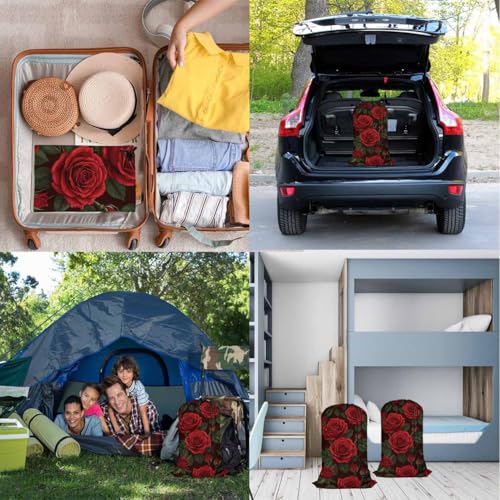 Swono Red Roses Drawstring Closure Dirty Clothes Bag Organizer, Heavy Duty Large Laundry Bag, Summer Flower Leaf Stem Blossom Botanical Rip-Stop Bags for Camp Travel, Machine Washable - color: Red Roses