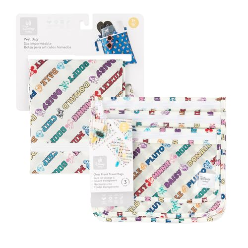 Bumkins - Waterproof Wet Bag & Clear Travel Bags - For Beach, Baby, Travel, Swim Suit, Cloth Diapers, Pump Parts, Pool, Gym, Toiletries - Reusable & Easy to Clean - Mickey and Friends White - 4 Pack - color: D1 Mickey Varsity-4