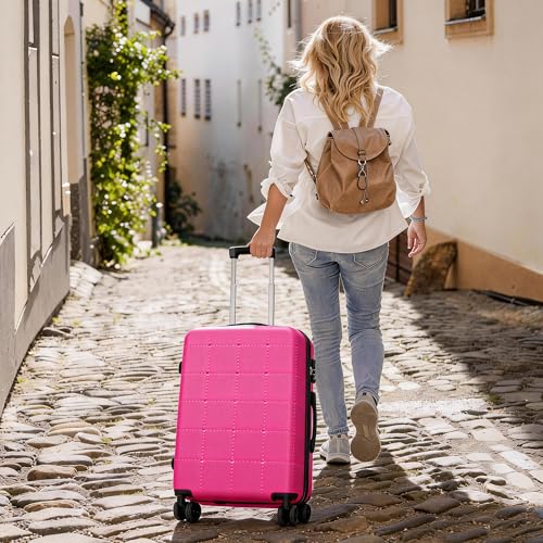 Merax Luggage Sets 5 Piece, Hardside 20" Half-opening Carry On Suitcase Set with USB Port,Lightweight Travel 24" 28" Luggage with Bags TSA Locks Double Spinner Wheels,Pink - color: Pink, size: 3 piece(20front open+24+28+bags)