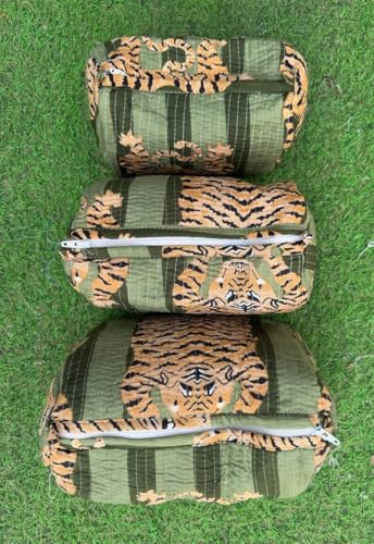 YILLE Set of 3 Pieces Block Printed Travel Organizer Kit Storage Bag for Women Makeup Bag Travel Cosmetic Bag (Dark Green Fat Tiger) - color: Dark Green Fat Tiger