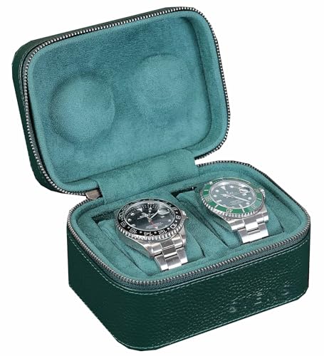 2 Watch Travel box Real Top-grain Leather Two Watch Roll Case for Man and Women Watch Packing Box Storage Organizer with Suede to Protection Zipper Fit All Watches Up to 60mm (2W-Z-GR) - color: 2W-Z-GRR