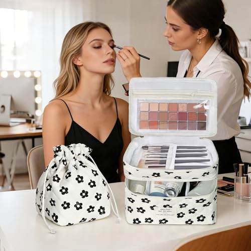 Gosect Makeup Bag, Quilted Cosmetic Bag Set, Drawstring Makeup Bag with Canvas Lining, Large Floral Toiletry Bag for Women Girls, Cute Cotton Flower Travel Organizer Bag (Black Flower - color: Black Pattern
