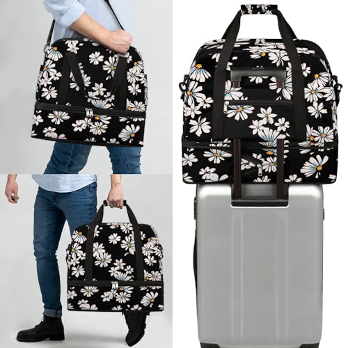 Travel Duffle Bags With Shoes Compartment for Women Men Daisy Flower Floral Black Lightweigh Sports Tote Gym Bag Foldable Canvas Weekender Overnight Carry On Luggage Handle Bag - color: print 2