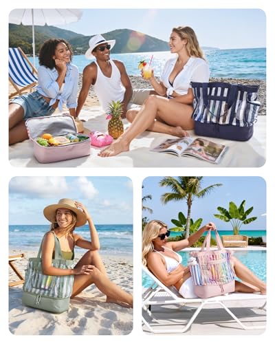 BAGSMART Beach Bag for Women, Mesh Tote Bags with Zipper, Sandproof Vacation Essentials with Cooler for Swim Cruise Pool - color: Navy