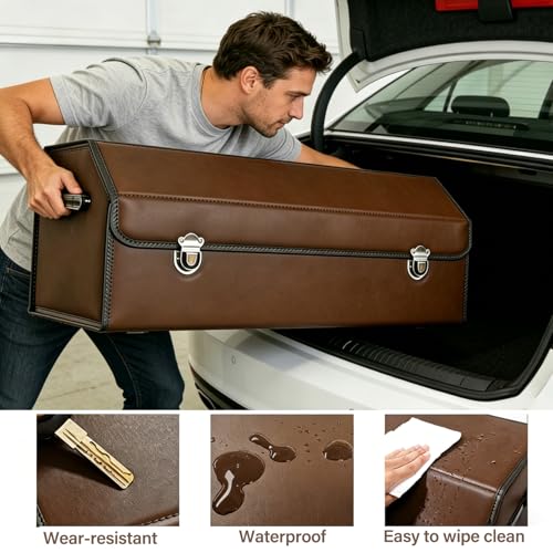 Leather Storage Box Car Trunk Organizer for Trunk SUV Sedan, Foldable Storage Box with Lid (Brown 29.5" L*12.2" W*11.8" H) - size: Brown 29.5"L*12.2"W*11.8" H
