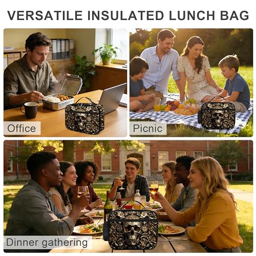 Skull Floral Lunch Bag Insulated Reusable Lunch Box Cooler Thermal Tote Bag For Teenage Boys Girls School Beach - color: Skull Floral