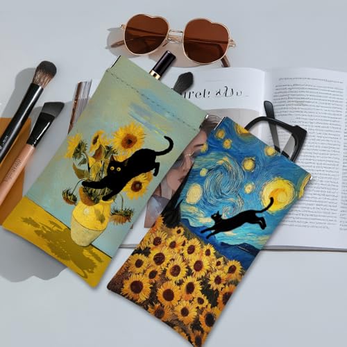 Eyeglasses Sunglasses Case PU Soft Squeeze Top Glasses Pouch for Women Men,Animal Pattern Portable Anti Scratch - color: Blue-cat