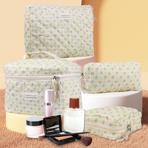 NATINSA Cute Makeup Bag for Women(2 Pcs), Travel Cosmetic Bags, Quilted Coquette Aesthetic Floral Toiletry Organizer Bag (44 - Purple Rose/4PCS) - color: 44 - Purple Rose/4PCS