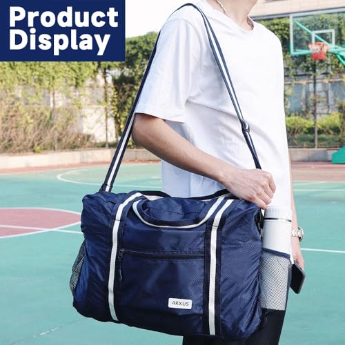 Arxus Foldable Tote Bag for Travel Expandable Lightweight Carry On Luggage 22L Packable Duffle Bag for Traveling - color: Navy Blue