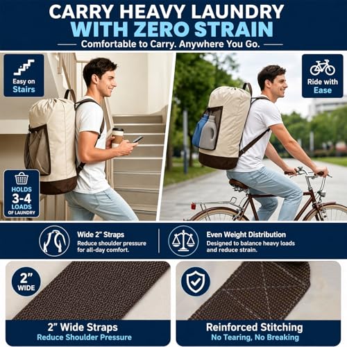 Canvans Laundry Bag Backpack, Large Travel Laundry Bag with Shoulder Straps, Drawstring Closure & Mesh Pocket, Clothes Hamper for Dorm, Travel, Laundromat (Khaki) - color: Khaki