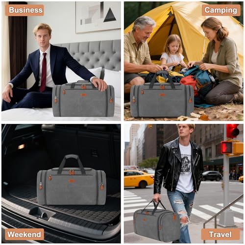 Canvas Mens Duffle Bag for Travel - Expandable 50L Weekender Bags with Toiletry Bag, Overnight Bag Travel Duffel Carry On Luggage with Removable Shoulder Strap, Durable & Water-Resistant - color: 3-Grey