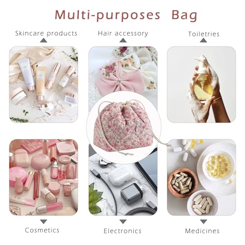Cotton Quilted Drawstring Makeup Bag with Canvas Lining,Coquette Aesthetic Cute Travel Toiletry Bag,Drawstring Gift Bag for Women and Girls(18 Watercolor Pink Flower) - color: 18watercolor Pink Flower