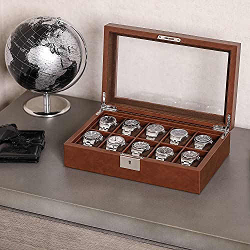 ROTHWELL 10 Slot Leather Watch Box - Luxury Case Display Jewelry Organizer - Locking Watch Display Case Holder with Large Glass Top - Box Organizer for Men and Women (Tan/Brown) - color: Tan / Brown