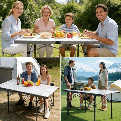 29.9" Tall Folding Camping Table for 2-6 Person, 54.7" Large Aluminum Foldable Roll-up Table Outdoor with Carry Bag for Picnic, Camp, Sturdy, Backyard, Patio - color: Silver