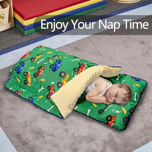 Primlect Toddler Nap Mat Extra Large Thickened 55''x35'', Soft Sleeping Bag with Detachable Minky Blanket and Pillow, Portable for Daycare, Preschool, Kindergarten, Travel, Boys and Girls - color: Green Truck