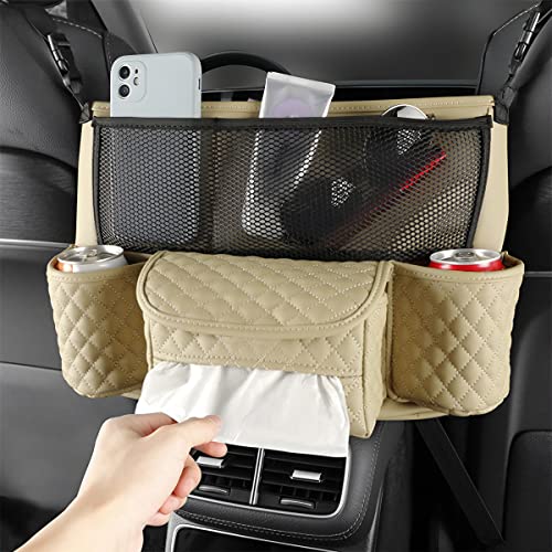 XINLIYA Car Handbag Holder Between Seats, PU Leather Multi-Pocket Large Capacity Purse Holder, Auto Net Bag Barrier of Backseat Pet Kids, Car Seat Organizers and Storage for Cargo Tissue Cup(Beige) - color: Beige