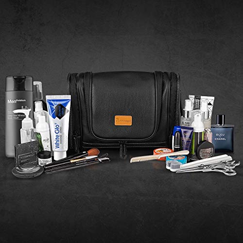 MIRASON Travel Toiletry Bag, Hanging Toiletry Bag for Men, Leather Travel Shower Bag for Toiletries Dopp Kit Bathroom Bag with Metal Hook Gift for Men (Black) - color: Black