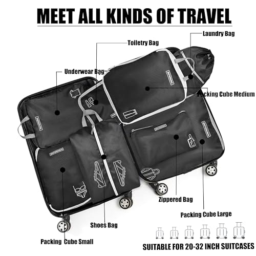 8 Set Expandable Compression Packing Cubes for Suitcases Travel Essentials Carry On Waterproof Storage Bag With Dry And Wet Separation Black - color: Black