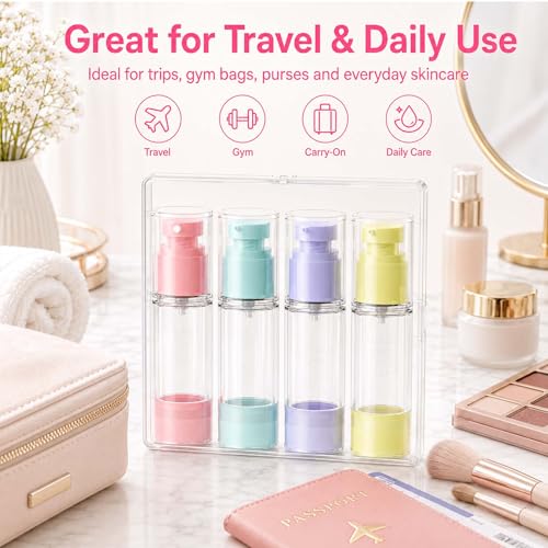 4 Pack Airless Pump Bottles, 1 oz Leakproof Travel Bottles with Pump for Toiletries, Small Empty Containers with Lids for Lotion Creams Serum Skin Care Shampoo Cosmetic Moisturizer Dispenser