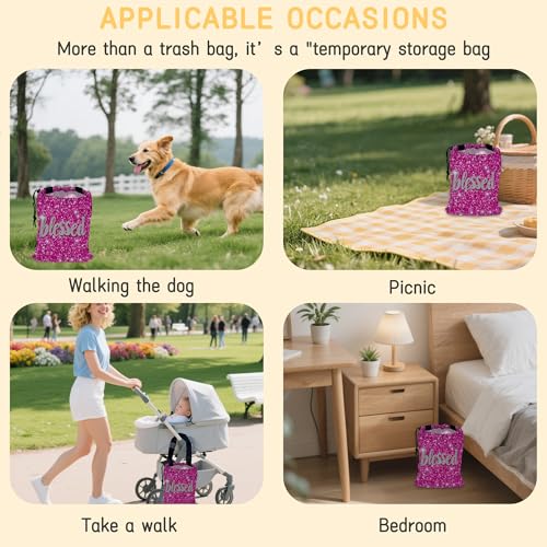 Blessed Car Garbage Bag,Pink Glitter Small Car Trash Bag Hanging Back of Seat,Drawstring Car Trash Bag with Adjustable Buckle,Car Accessories for Camping Travelling - color: Blessed