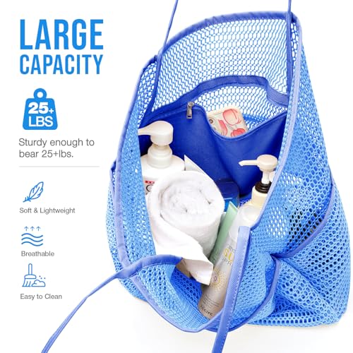 KPX Beach Bag with Mini Pocket, Summer Beach Tote Bags for Women Large Foldable Mesh Swimming Pool Travel Bags - Sandproof - color: Ocean Blue