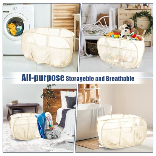 Collapsible Laundry Baskets, Upgrade Pop Up Laundry Hamper with Convenient Bags, Foldable Laundry Basket Mesh Light Weight, Easy to Carry Clothes Hampers for Laundry, Dorm, Toys, Travel Beige - color: Beige
