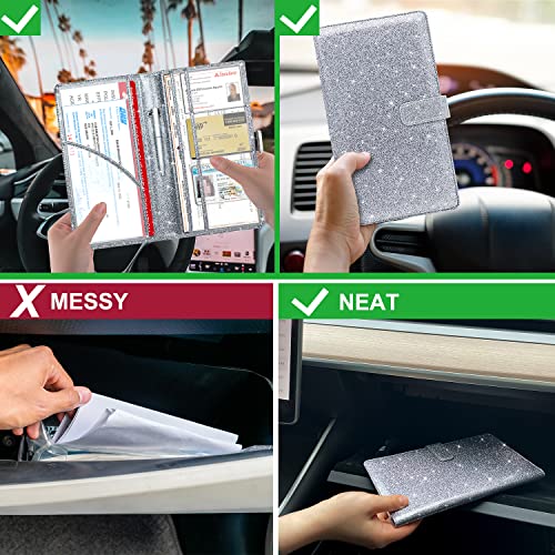 RSAquar Car Registration & Insurance Holder - Leather Glove Box Organizer, Cool Accessories for ID, Driver's License Cards & Essential Documents, Men & Women, Glitter Gray - color: Glitter Gray