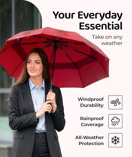 Repel Windproof Travel Umbrella - Compact & Withstands Winds up to 100MPH , Strongest Premium Auto Folding Umbrella for Rain and Sun - Durable, Light & Portable for Women & Men , Fits Backpack & Cars - color: Red - Travel Umbrella (1 Pack)