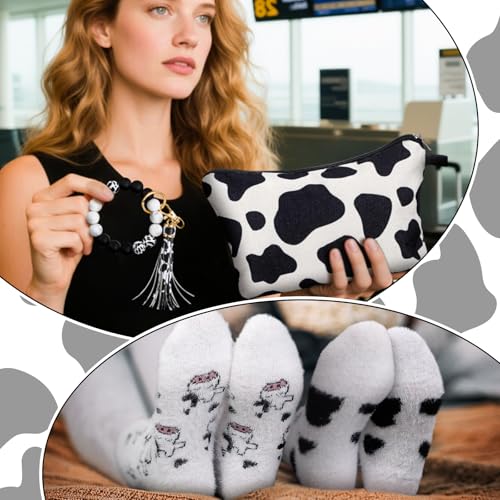 Honeydak Cow Gifts Set for Women Cow Printed Accessories Includes Makeup Bag Gift Box Cute Socks Keychain Mug Scented Candle Stickers for Christmas and Birthday Party Gifts - style: Cow