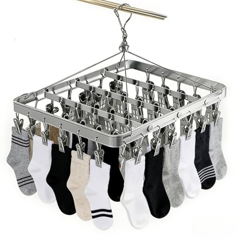 Pants Hanger Clothes Drying Racks Clip Hangers Metal with 36 Clips Windproof Hook Underwear Hanger Foldable Laundry Clip for Socks Bras (Silver) - color: Silver