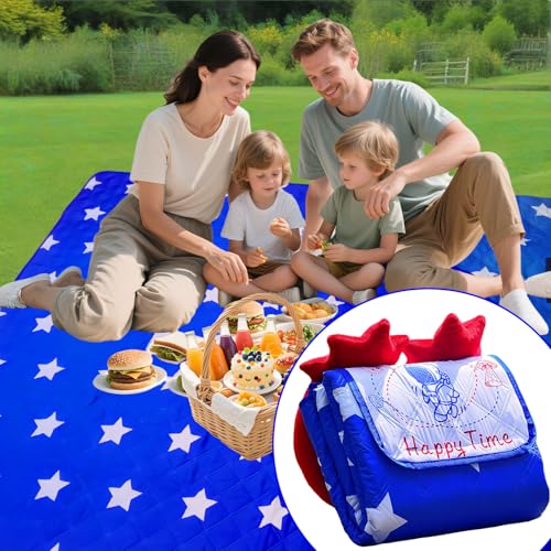 4th of July Foldable Waterproof Picnic Blanket with Soft Handle Pillow – Extra Large (80" x 60"), Machine Washable, Perfect for Outdoor, Beach, Park & Picnics, Gifts for Family & Friends