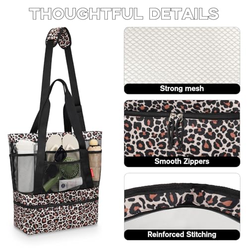 WOOMADA Beach Tote Bag With Cooler, Large Mesh Beach Bags for Women with Wet Pocket, Pool, Swim, Travel Essentials - color: Brown Leopard