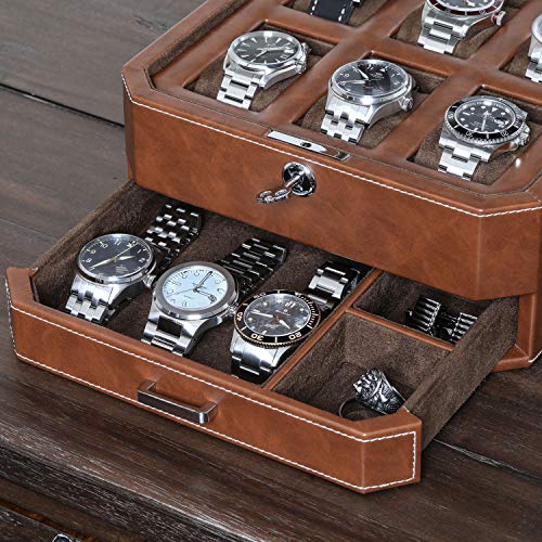 Gift Set 6 Slot Leather Watch Box with Valet Drawer - Luxury Watch Case Display Organizer, Microsuede Liner, Locking Jewelry Box, Mens Storage Boxes Holder Large Glass Top (Tan/Brown Gift Set) - color: 6 Slot - Tan/Brown Gift Set